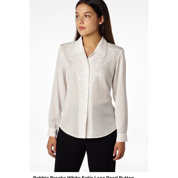 Bobbie Brooks White Satin Lace Pearl Button Blouse Top Long Sleeve Vintage - Picture 1 of 9